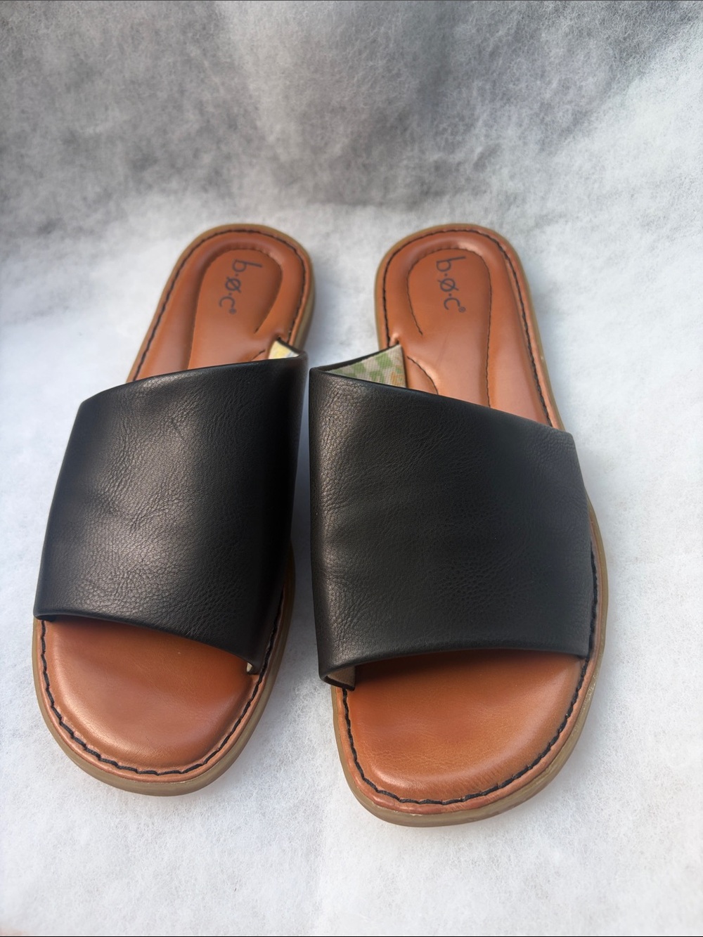 b.o.c. Black Slide Sandals with Brown Footbed